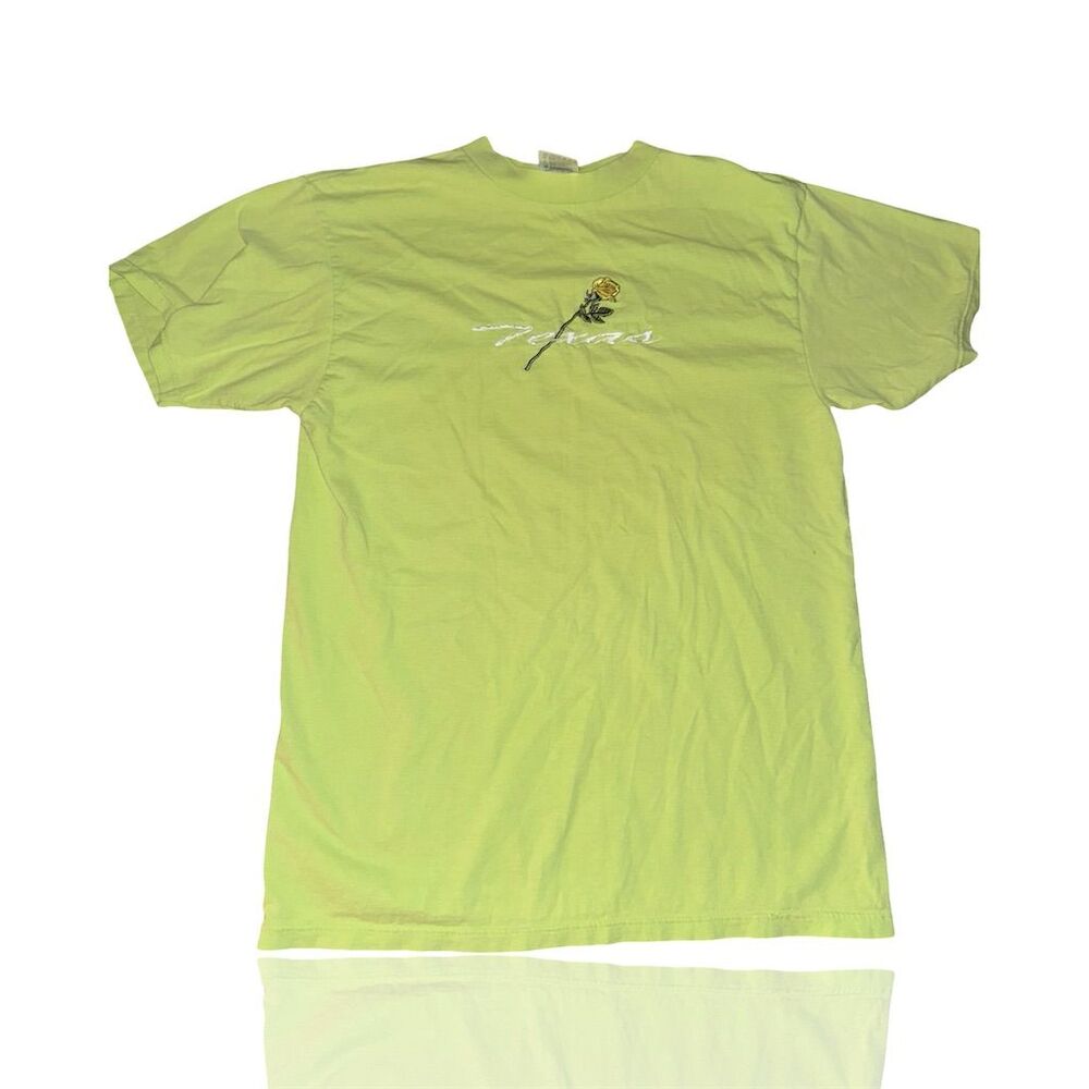 Vintage Large Neon Yellow Texas T-Shirt Rose Embroidery 90’s ERA Tee